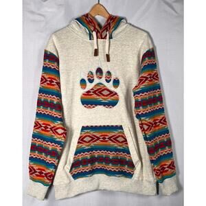 Cozy Native Wear Hoodie with Colorful Aztec Pattern and Bear Paw Design Size L